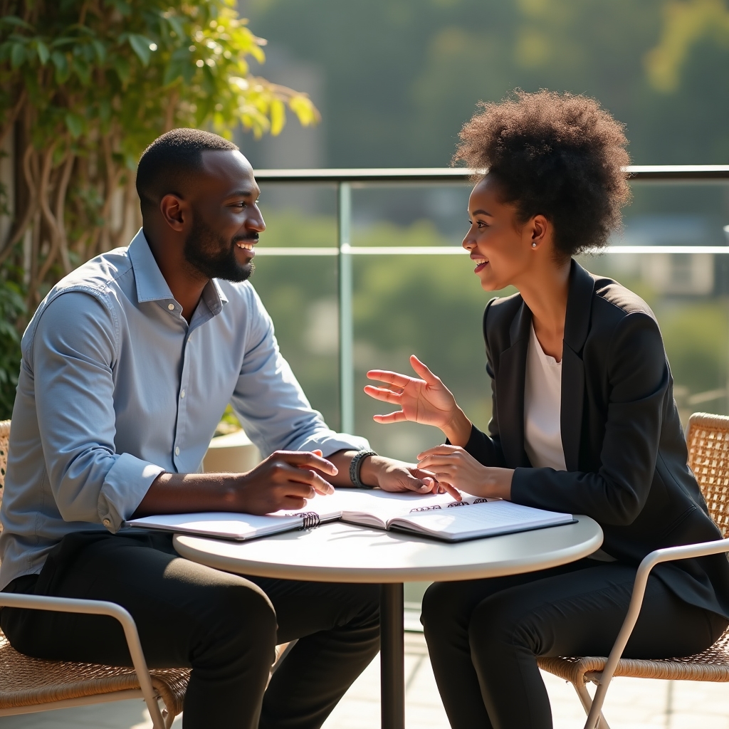 Sesión de mentoría entre dos profesionales conversando al aire libre