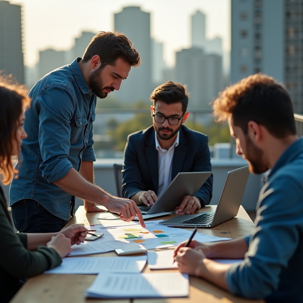 Sesión estratégica de coaching con documentos y notas sobre una mesa exterior