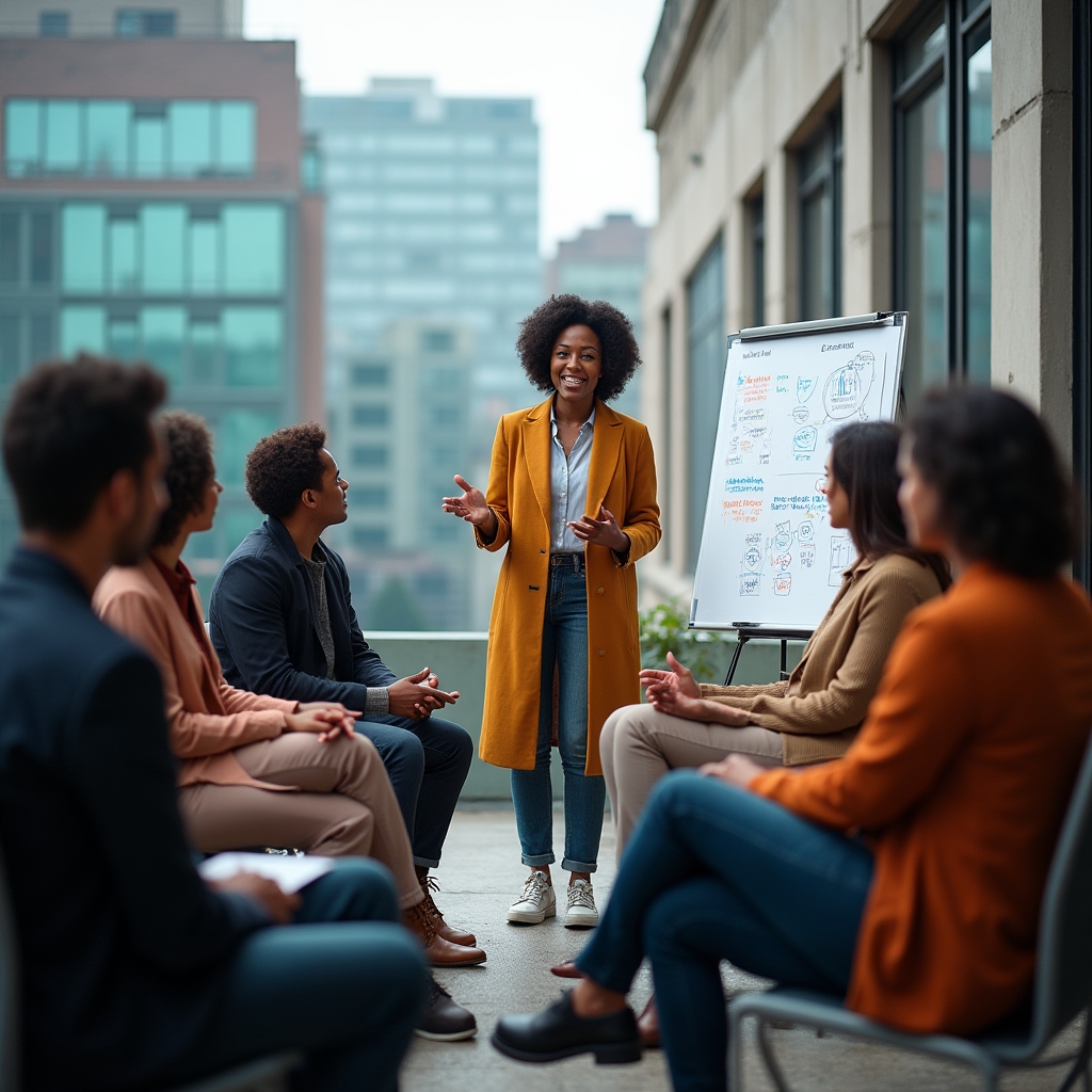 Grupo de mandos intermedios trabajando juntos en un taller de liderazgo